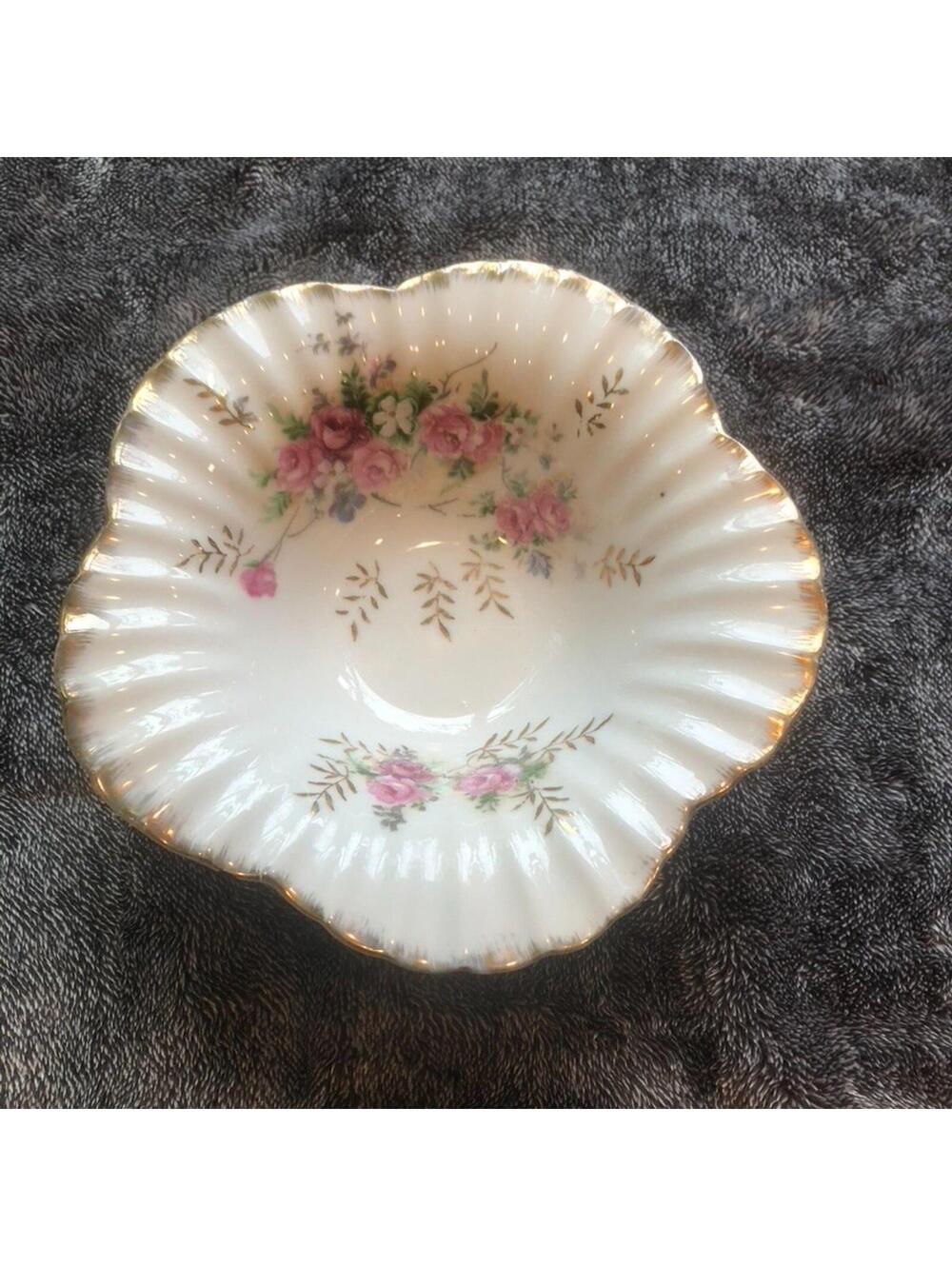Vintage Japan Candy Dish Rose with Gold Trim Scalloped Edge